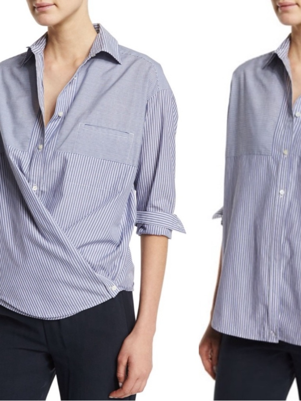 VINCE. Poplin Multi-Stripe Collared Button Down Crossover Shirt \\ 6